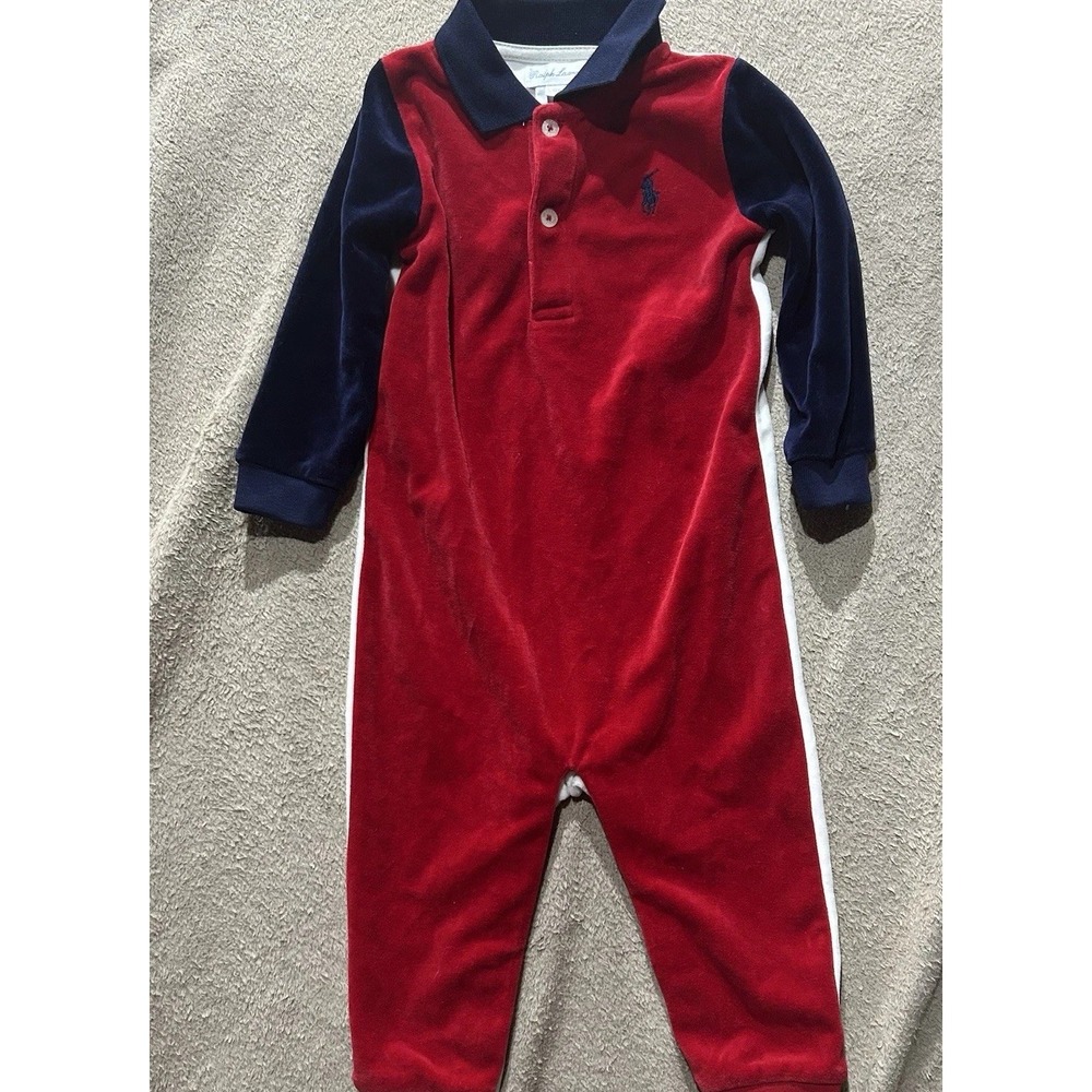 Ralph Lauren Baby Boys 12M Velour Colorblock Polo Coverall Romper Red White Blue